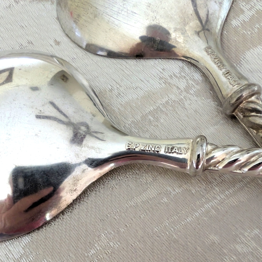 VTG TWO PIECES E.P.ZINC ITALY SALAD SERVING SET WITH TWISTED HANDLES PAUL REVERE - Picture 8 of 8